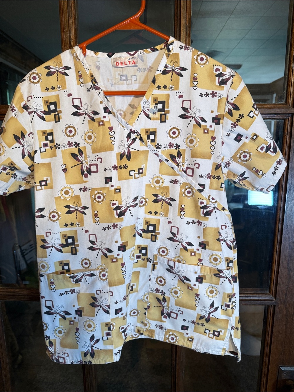 Delta Womens XS Mock Wrap Scrub Top Dragonfly Floral Print Yellow Burgundy White